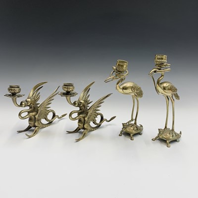 Lot 305 - Two pairs of Japanese bronze candlesticks,...