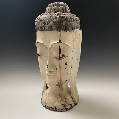 Lot 210 - A large Chinese painted carved wood head of a...
