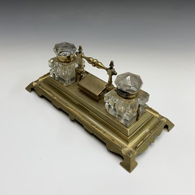 Lot 364 - A Victorian brass desk stand with two glass...