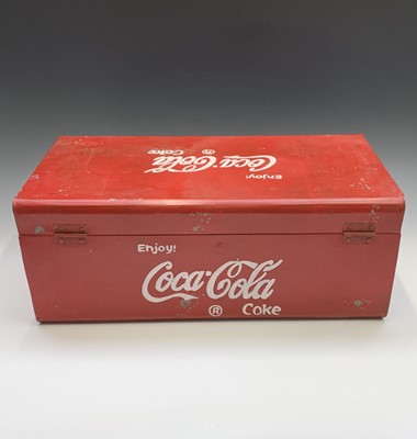 Lot 403A - A large red painted tin cool box with handle,...