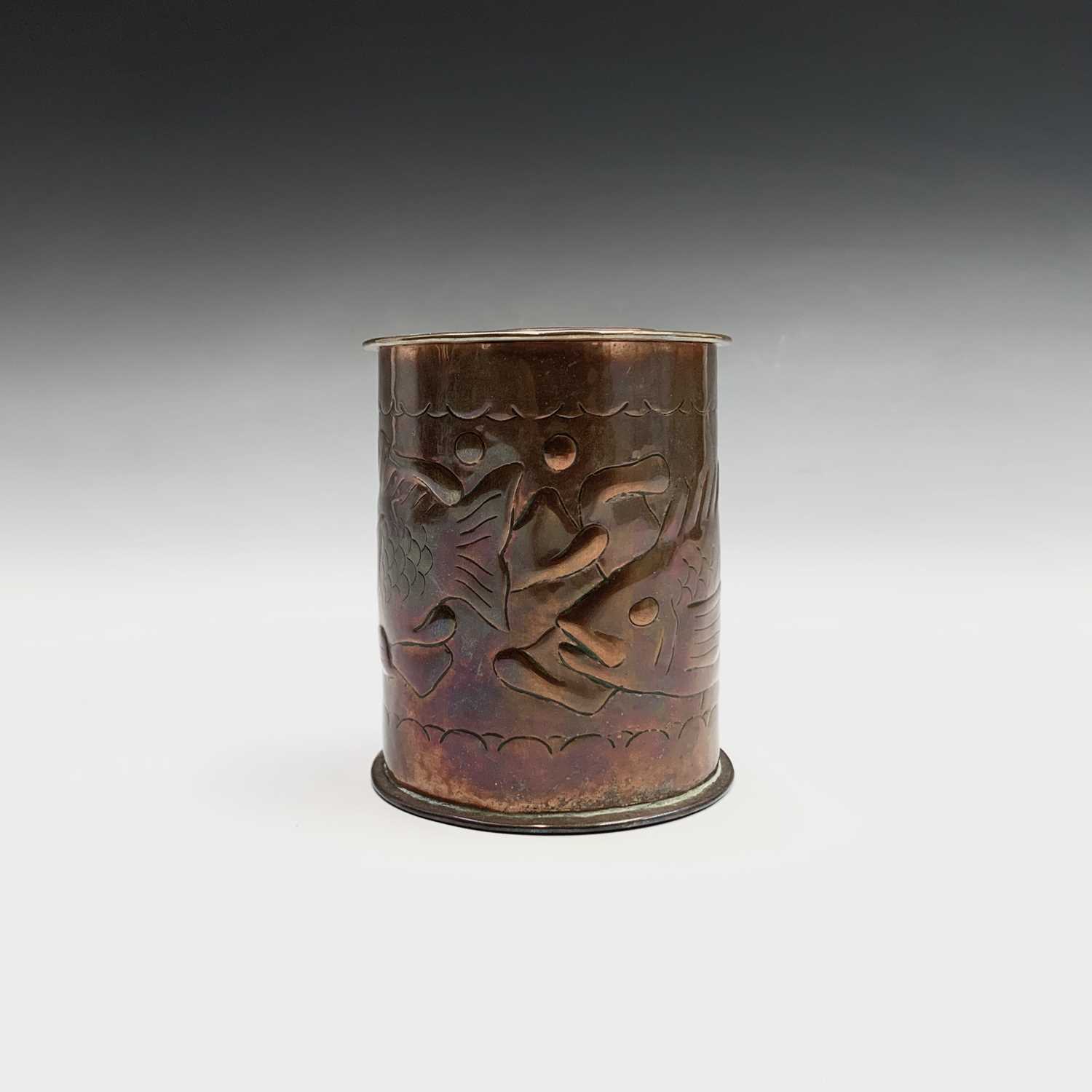 Lot 61 - A Newlyn copper tea caddy of cylindrical form,...