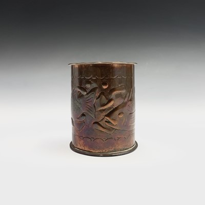 Lot 61 - A Newlyn copper tea caddy of cylindrical form,...