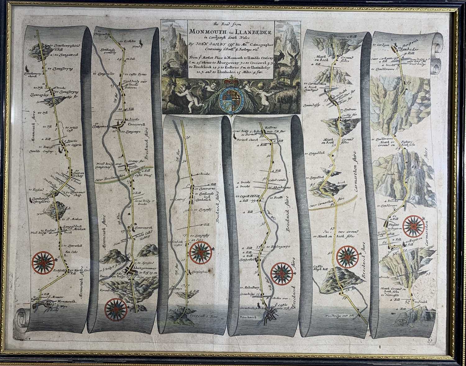 Lot 1346 - 18th century road maps, hand coloured Monmouth...