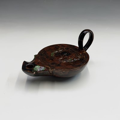Lot 906 - A 19th century agateware pottery inkstand,...