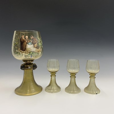 Lot 901 - An oversize German green hock glass, painted...