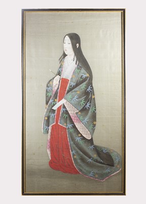 Lot 115 - A Chinese painting on silk of a female scholar,...