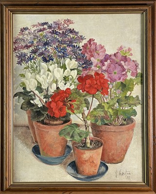 Lot 287 - F HEATON Potted plants Oil on board Signed and...
