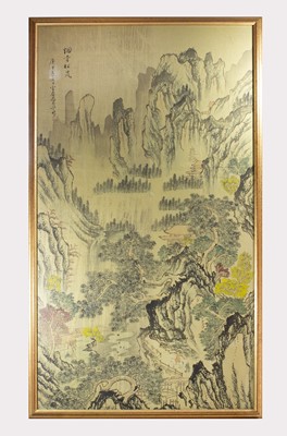 Lot 94 - A Chinese large silk painting of a mountainous...