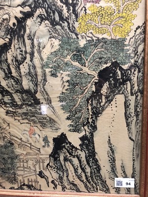 Lot 94 - A Chinese large silk painting of a mountainous...