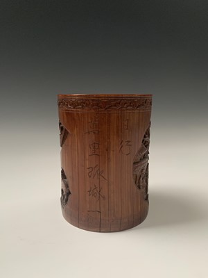 Lot 59 - A Chinese bamboo brush pot, 19th century, with...