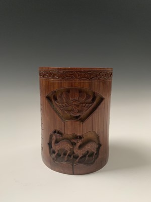 Lot 59 - A Chinese bamboo brush pot, 19th century, with...
