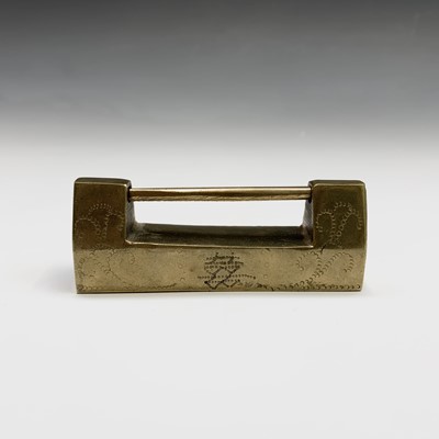 Lot 307 - A Chinese brass padlock with key, engraved...