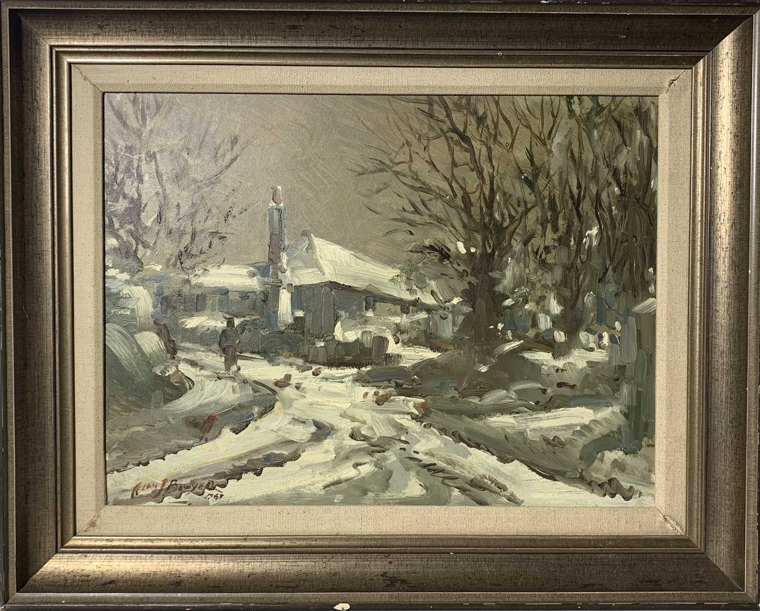 Lot 642 - Alan J BOWYER Snowy Farmsted Oil on board...