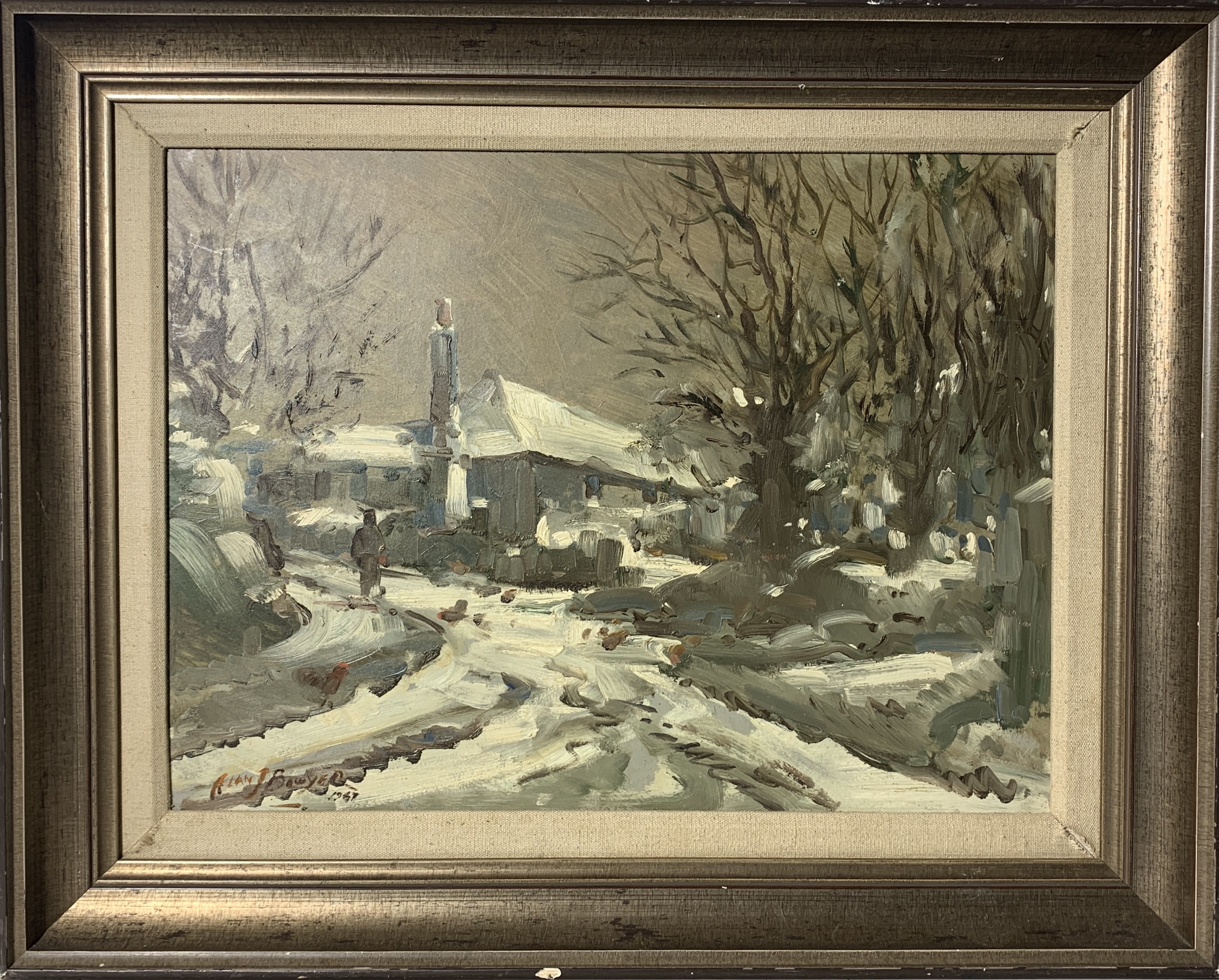 Lot 642 - Alan J BOWYER Snowy Farmsted Oil on board