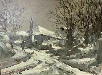 Lot 642 - Alan J BOWYER Snowy Farmsted Oil on board...