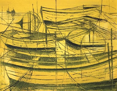 Lot 27 - Nigel HALLARD (1936) Yellow Boats Oil on...