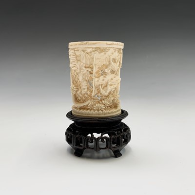 Lot 81 - A Chinese Canton ivory carved tusk vase, late...