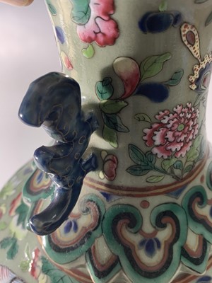 Lot 43 - A Chinese Canton twin-handled celadon vase,...