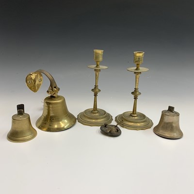 Lot 596 - A brass bell, height 14cm overall, a near pair...