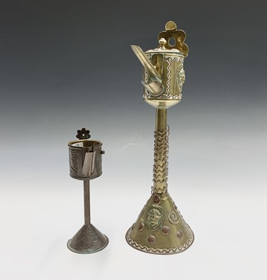 Lot 350 - A 19th century brass whale oil lamp and cover,...