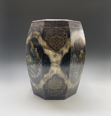 Lot 234 - A Japanese black lacquer octagonal barrel in...