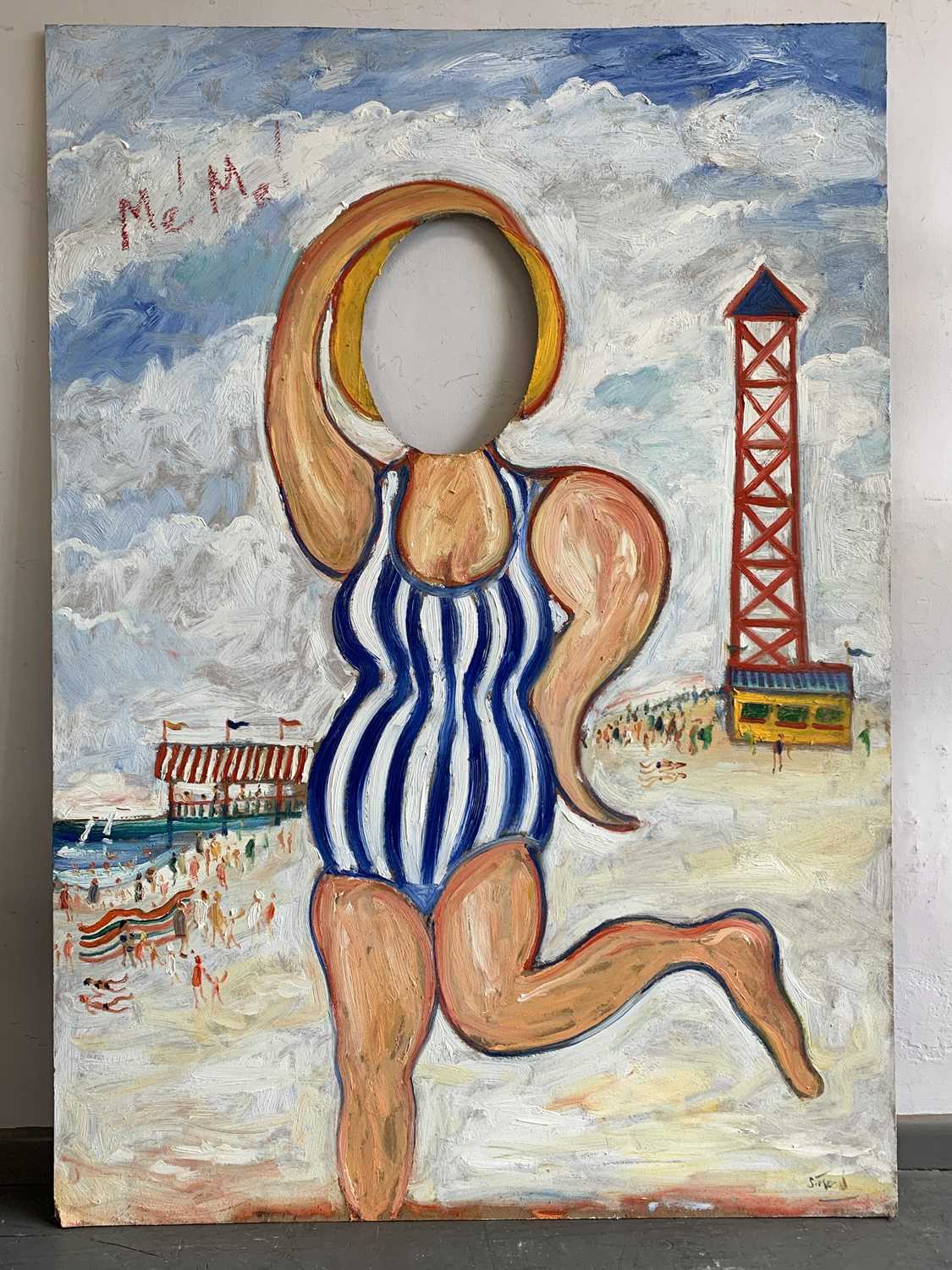 Lot 1592 - 'Put your face in the hole' Me Me, a painted...