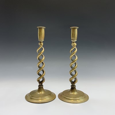 Lot 477 - A pair of late Victorian brass barley twist...