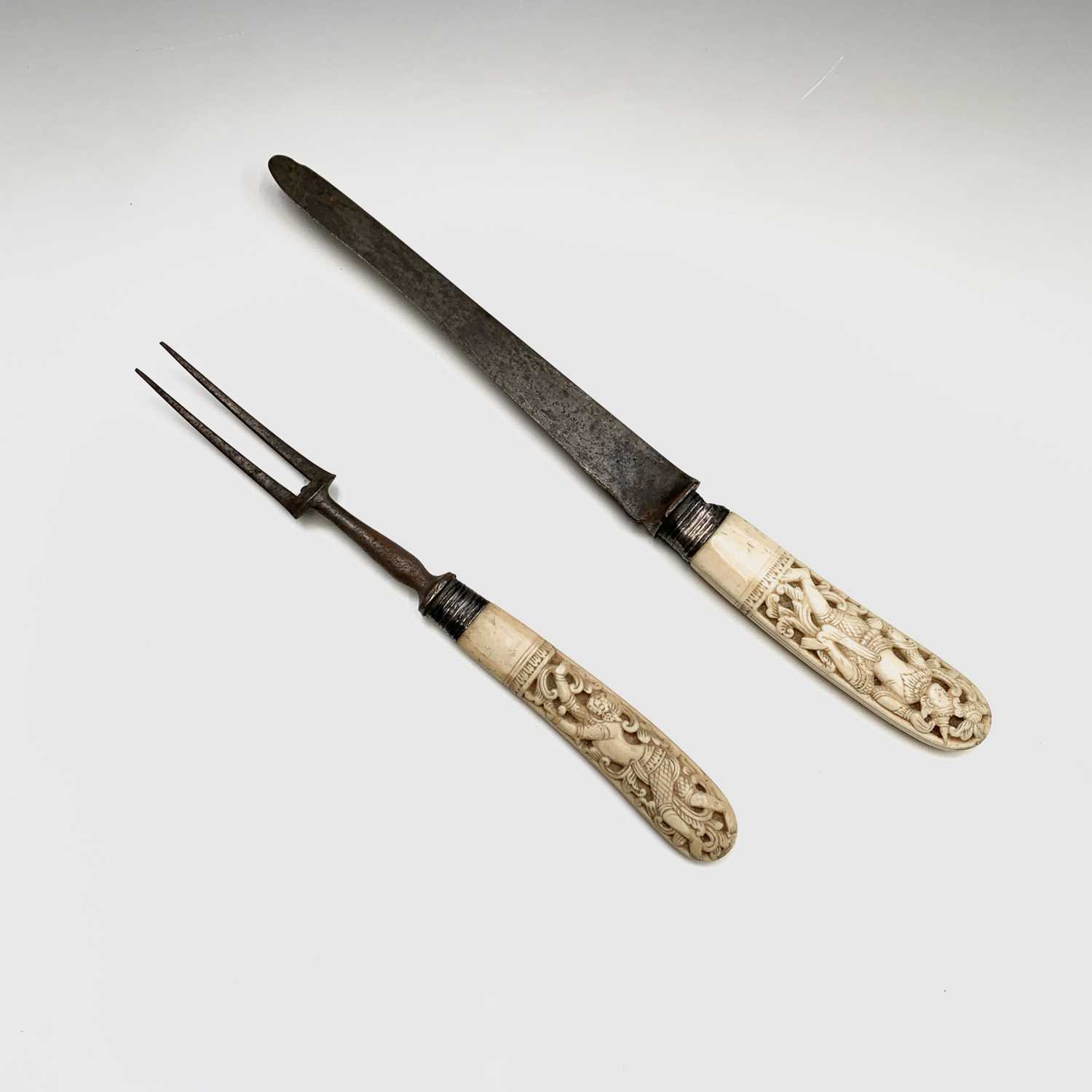 Lot 411 - A Burmese ivory handled carving set, late 19th...