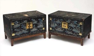 Lot 179 - A pair of Chinese lacquered wood and painted...