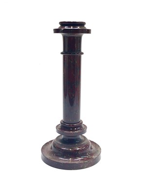 Lot 5 - A Cornish serpentine candlestick, height 28.5cm.
