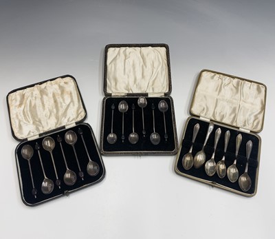 Lot 37 - Two sets of six silver bean knop coffee spoons,...