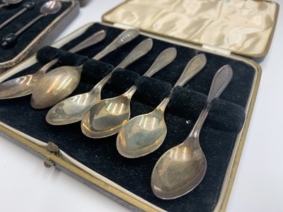 Lot 37 - Two sets of six silver bean knop coffee spoons,...