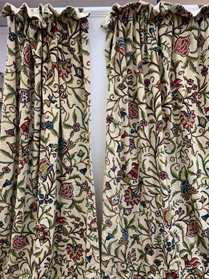 Lot 2848 - Crewel work curtains, interlined, with cream...