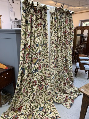 Lot 2848 - Crewel work curtains, interlined, with cream...