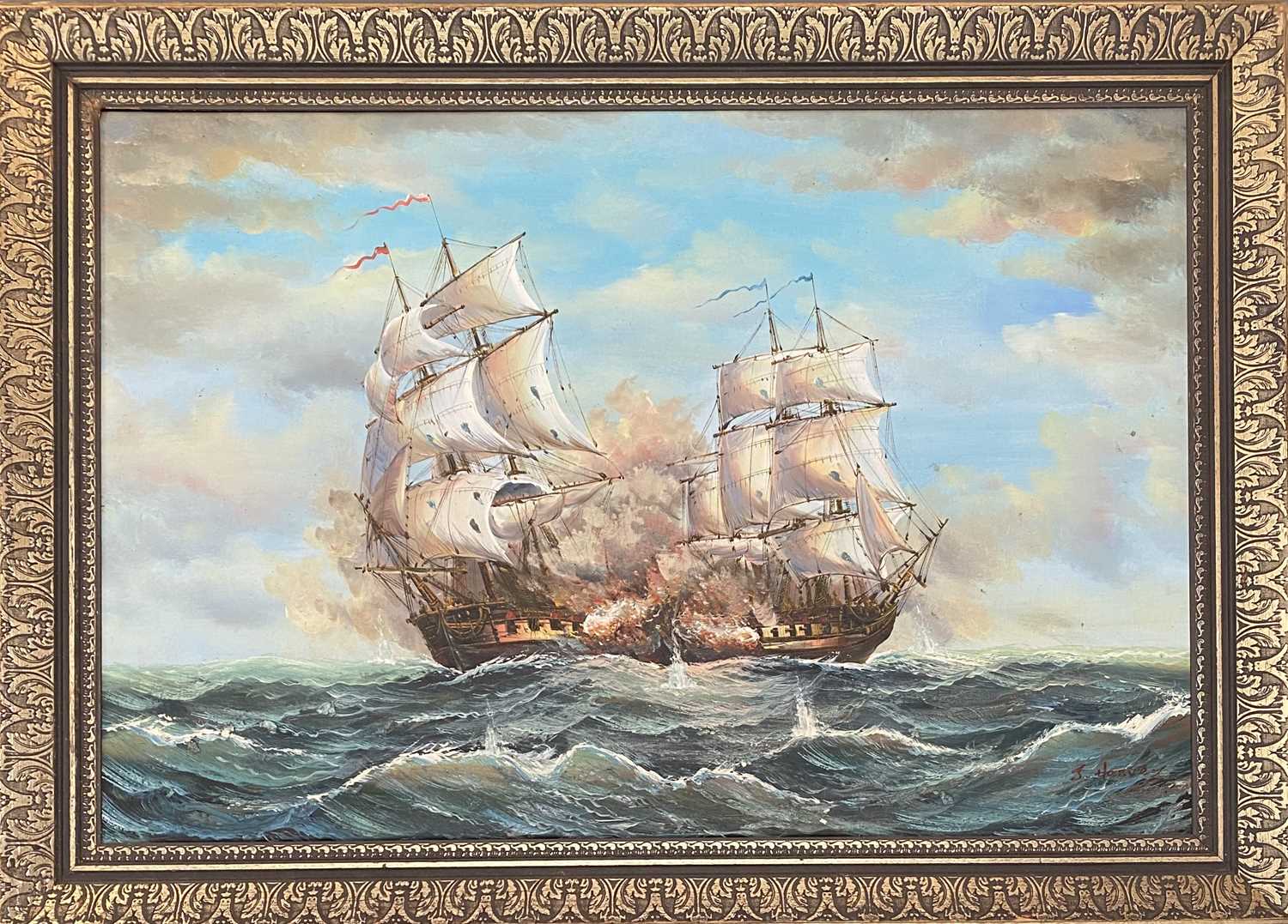 Lot 1553 - J HARVEY Sea Battle Oil on canvas Signed 61 x...