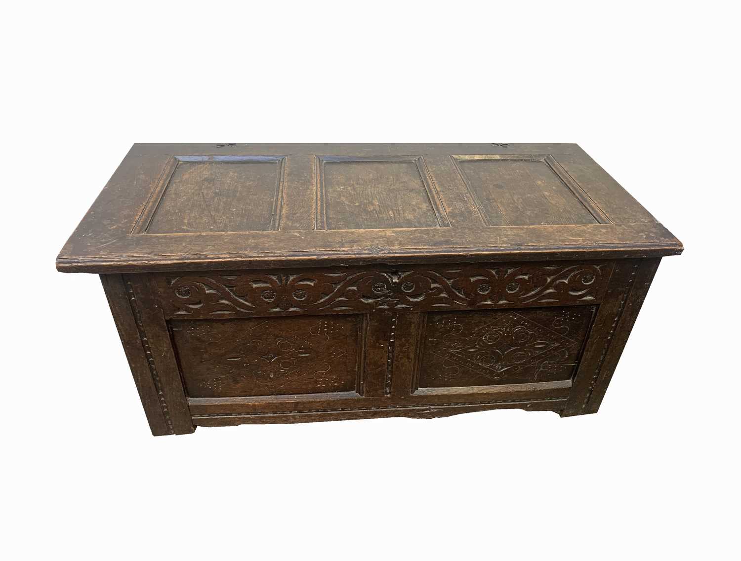 Lot 32 - A late 17th century oak coffer, with a triple...