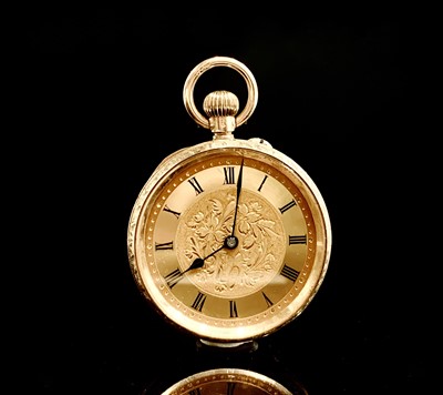 Lot 815 - An engraved 9ct gold open gold-face fob watch...