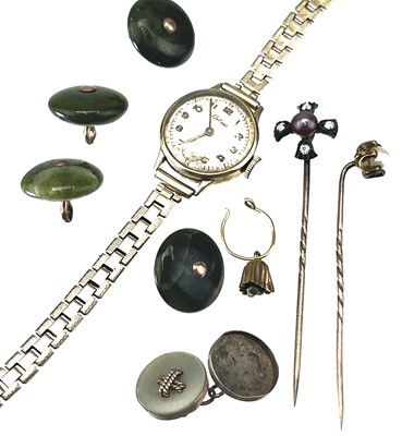 Lot 49 - Greenstone buttons, stick pins, gold cased wristwatch and scrap gold.