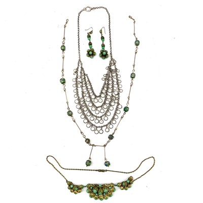 Lot 267 - A necklace with a pair of matching earrings, fringe necklace and a coloured glass bead necklace.