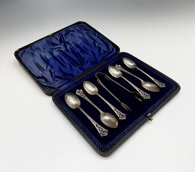 Lot 46 - A set of six pierced and chased teaspoons and...