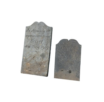 Lot 640 - Two early 20th century slate pet gravestones,...