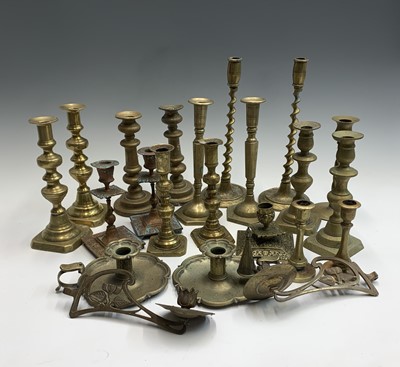 Lot 480 - A box of assorted brass candlesticks, mostly...