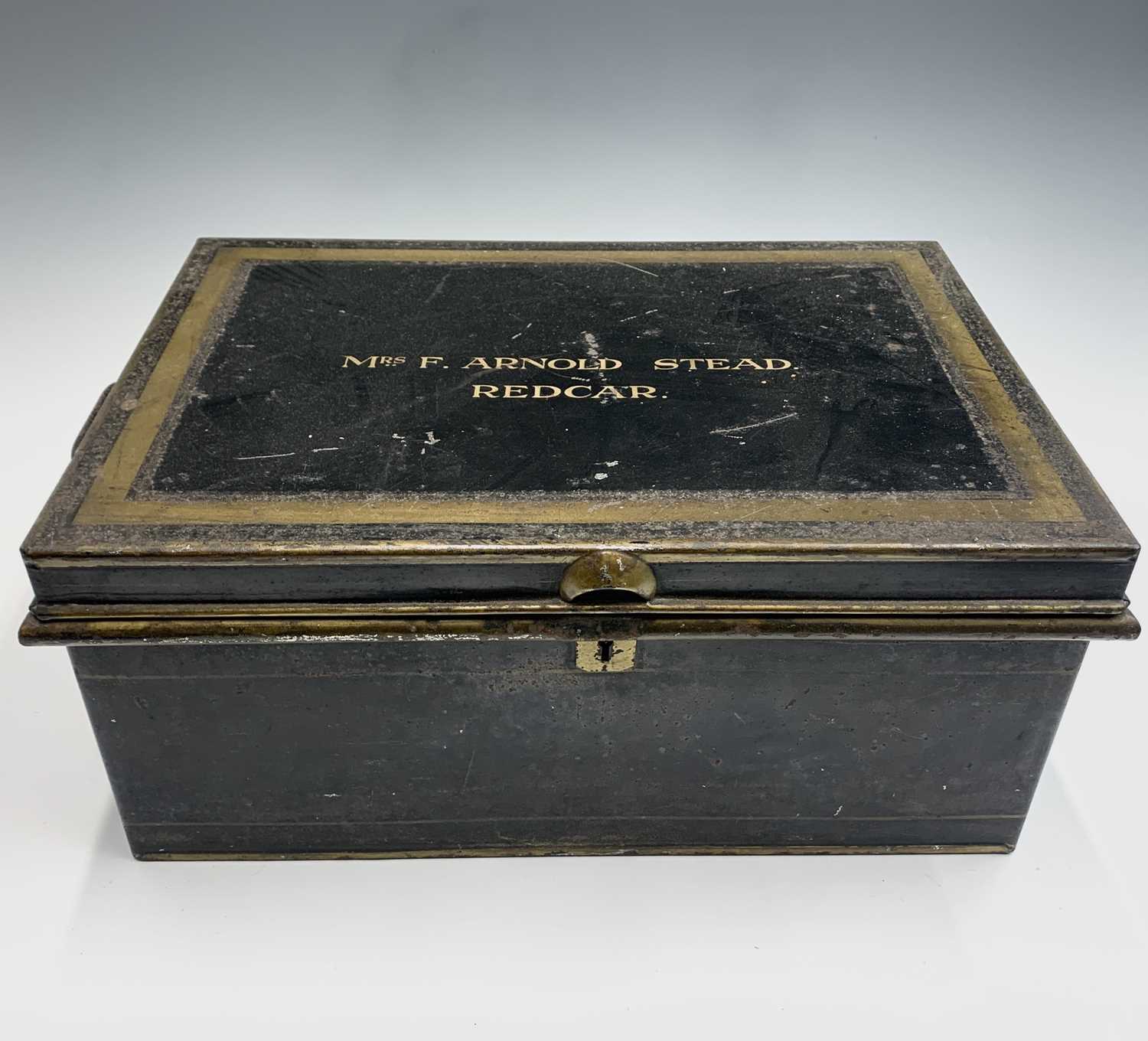 Lot 189 - An Edwardian lacquered tin gown box, with...