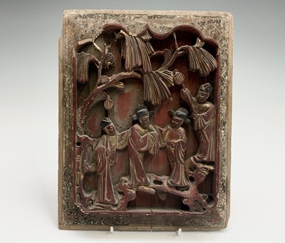 Lot 185 - A Chinese red painted carved wood panel, 19th...