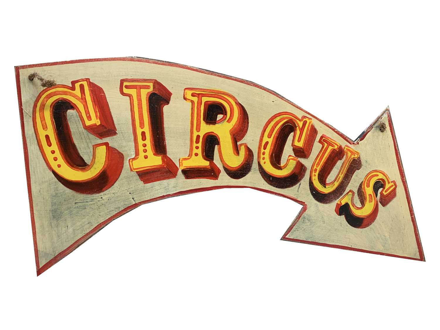 Lot 138 - A signwritten arrow-shaped wooden sign 'CIRCUS'...