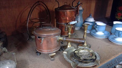 Lot 16 - Copper kettle on warming stand, copper hot...