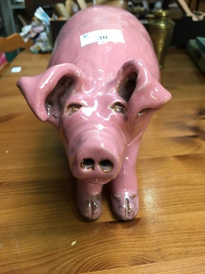 Lot 30 - Large pottery pig, wood carved rabbit, pottery...