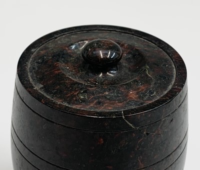 Lot 109 - A Cornish red serpentine turned barrel-shaped...