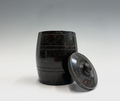 Lot 109 - A Cornish red serpentine turned barrel-shaped...