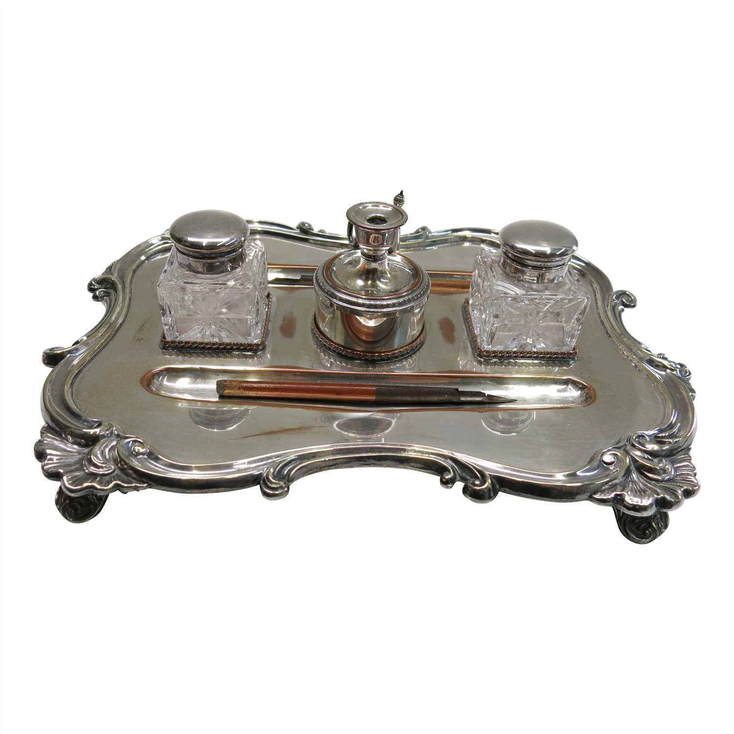 Lot 2301 - A Georgian style silver plated ink stand with...